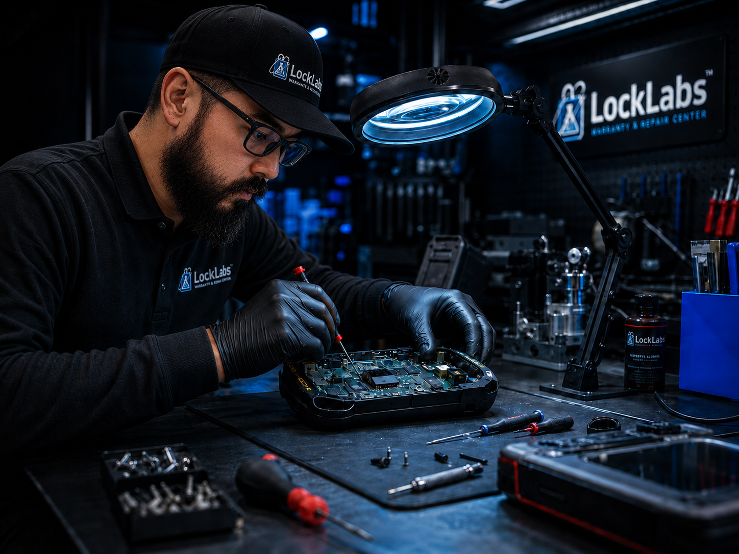 A technician servicing key-programmer equipment at an illuminated workshop bench